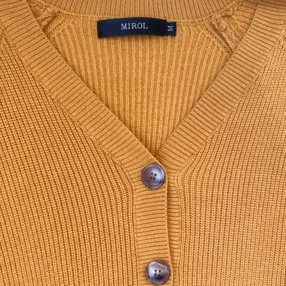 Mirol Mustard Yellow Ribbed Knit Sweater Dress | V-Neck Button Front - Picture 6 of 6